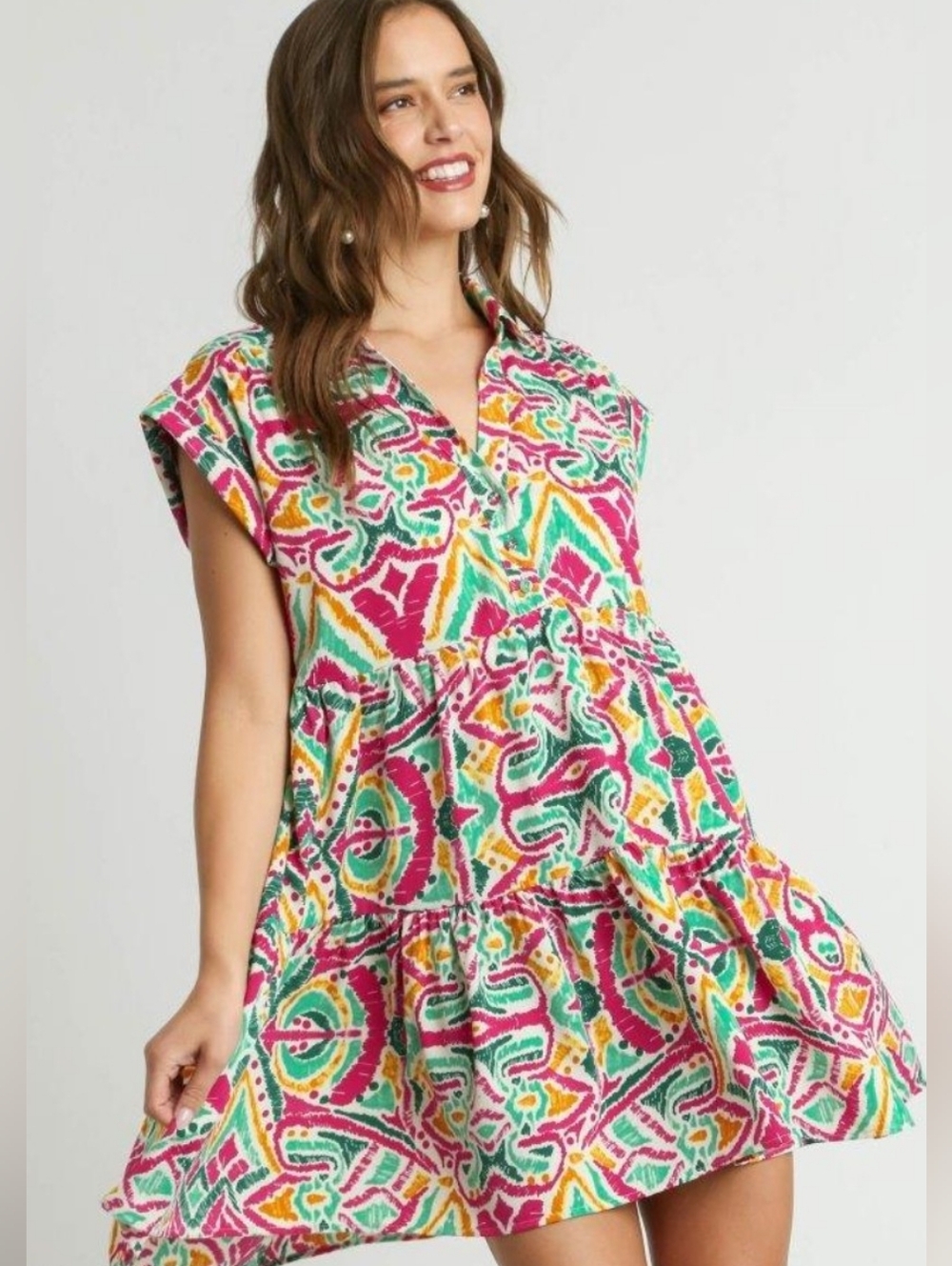 Umgee Pink, Green & Yellow Printed Tiered Tunic